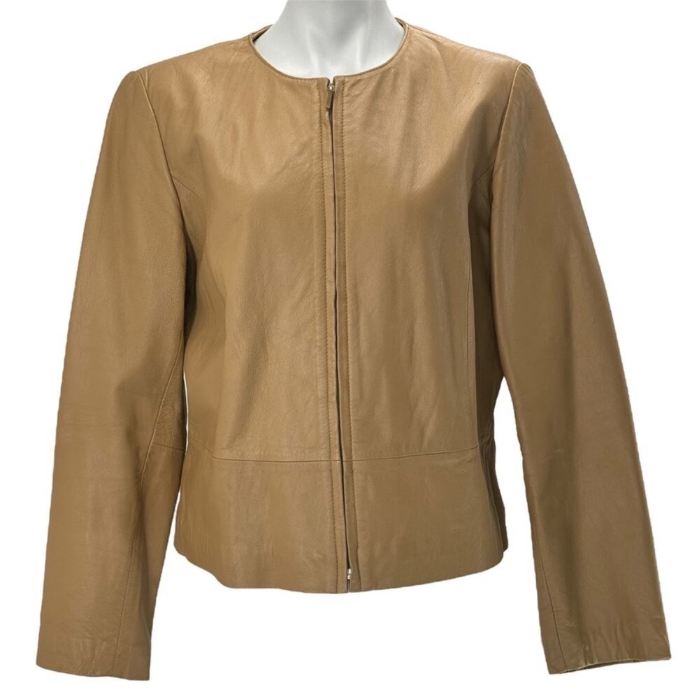 ❤️🔥Yvonne Marie - Camel Vintage Lamb Leather Collarless Jacket - 12 & 14